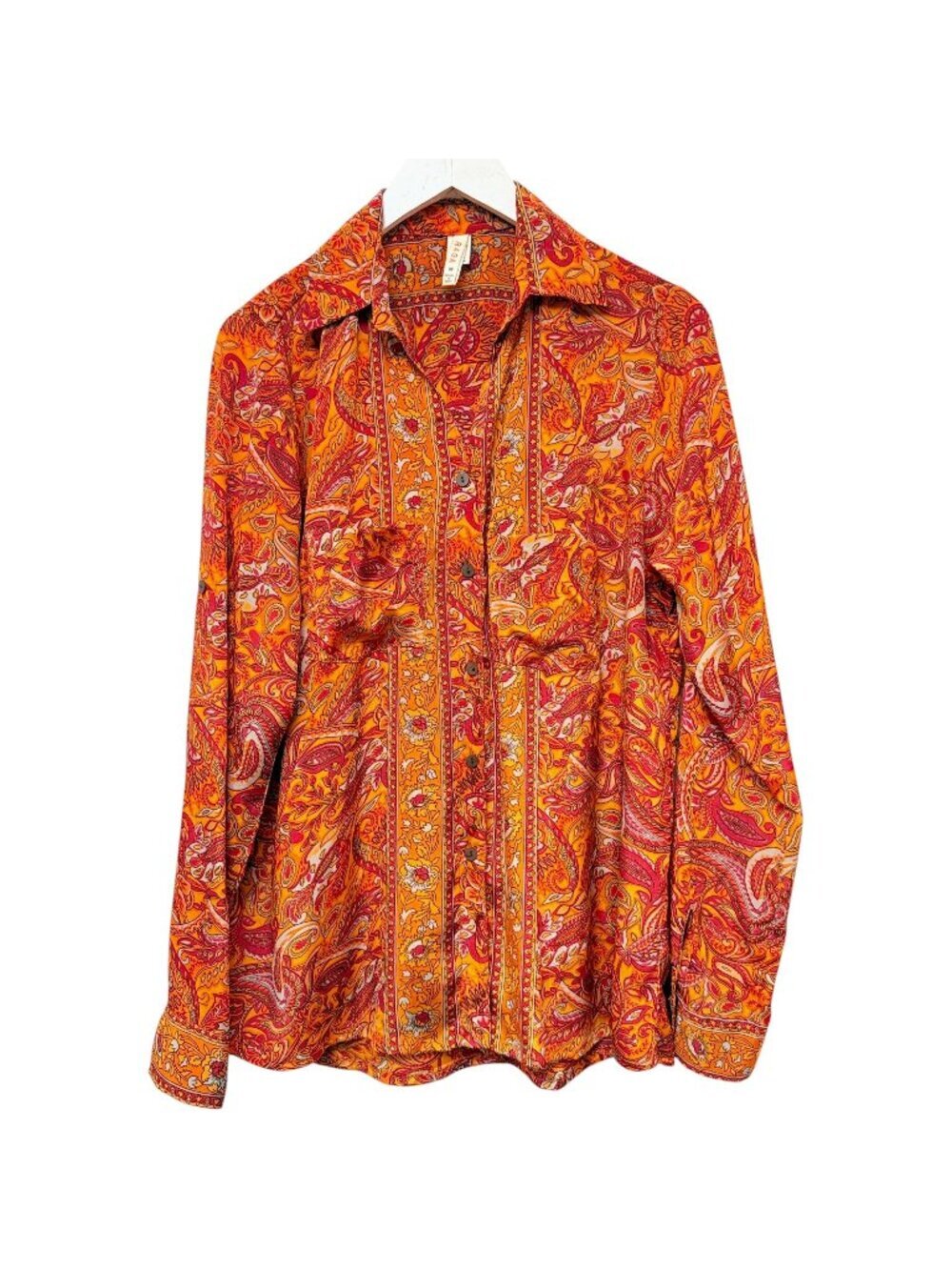 Raga Satin Paisley Blouse Medium Orange Button Front Roll Tab Sleeve Womens Top